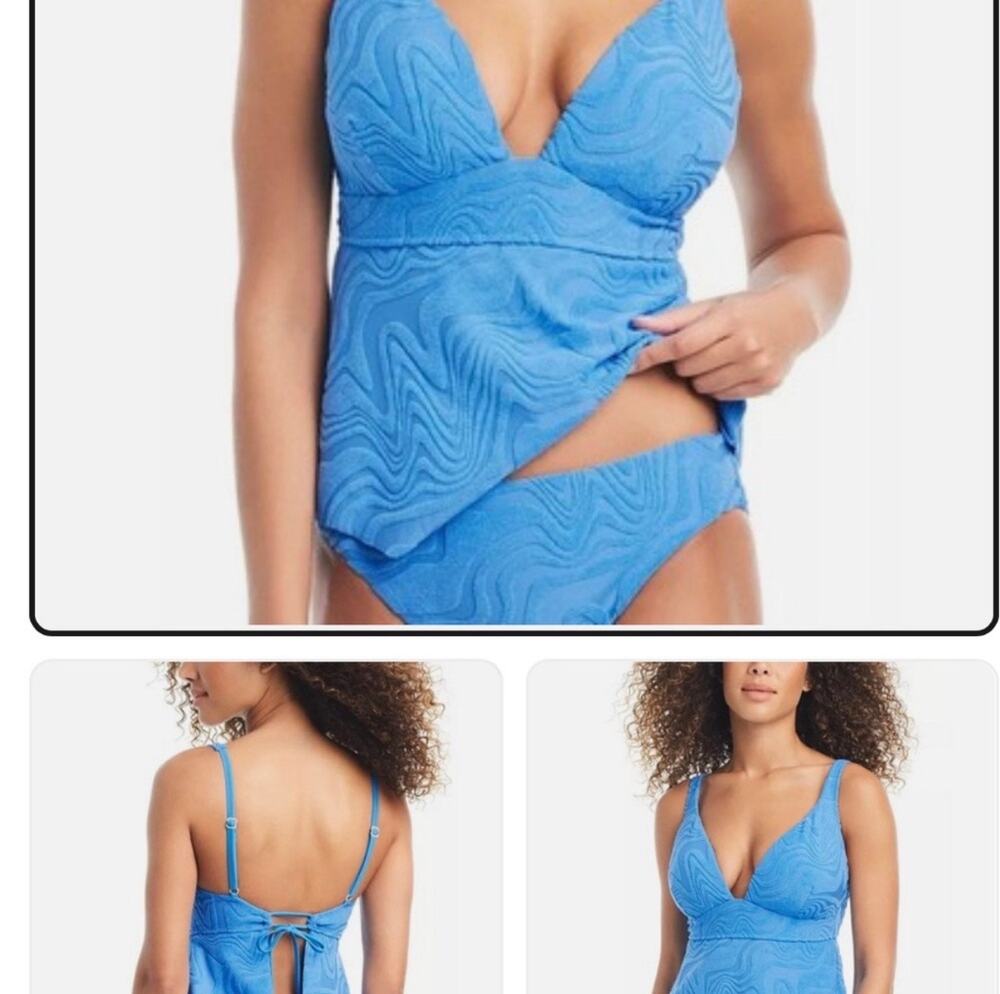 Bar III Hankey Textured Tankini Top Back tie closure Cobalt Blue S $58 retail